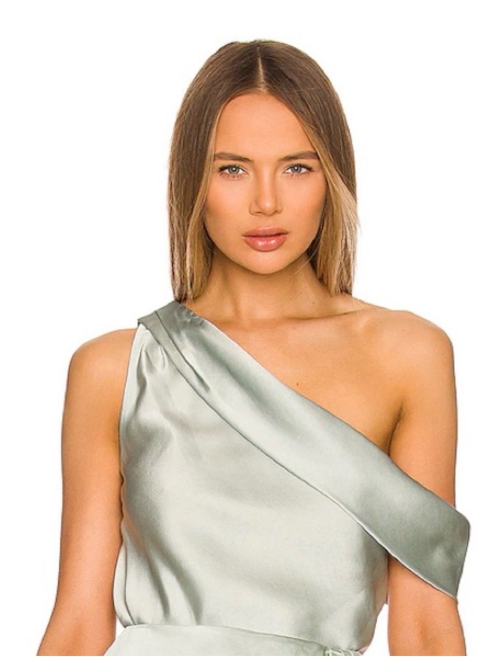 Jonathan Simkhai Lexy One-Shoulder Satin Draped Top in Light Silver-Green